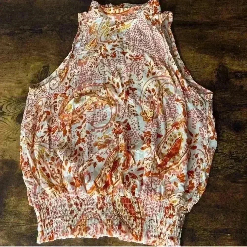 Cynthia Rowley Paisley Boho Mock Neck Smocked Waist Top in Cream/Orange, XS. NWT - Picture 3 of 9